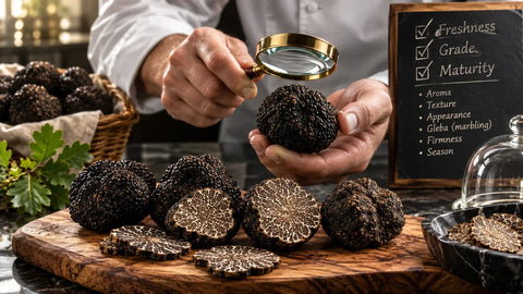 Chef inspecting fresh black truffles to assess quality, freshness, maturity and premium grade
