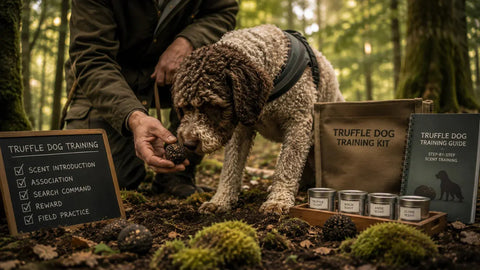 Truffle dog scent training in a forest with a handler introducing a fresh truffle during an early search exercise