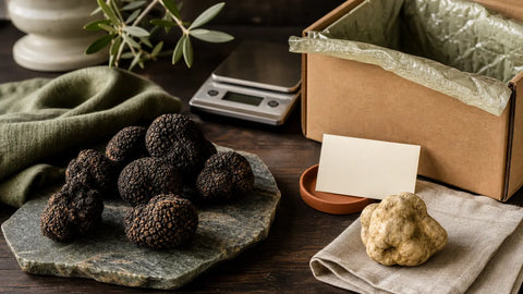 Fresh European truffles arranged with a scale and protective packaging for an Italy buying and delivery guide