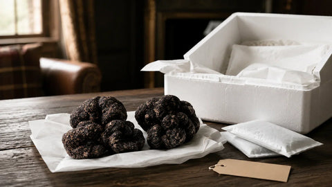 Editorial illustration of black truffles beside insulated express-delivery packaging for Great Britain