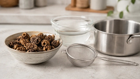 Dried Morchella esculenta morels with a bowl of water, fine-mesh strainer and saucepan