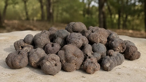 Whole Tuber macrosporum truffles with natural irregular shapes on a light stone surface