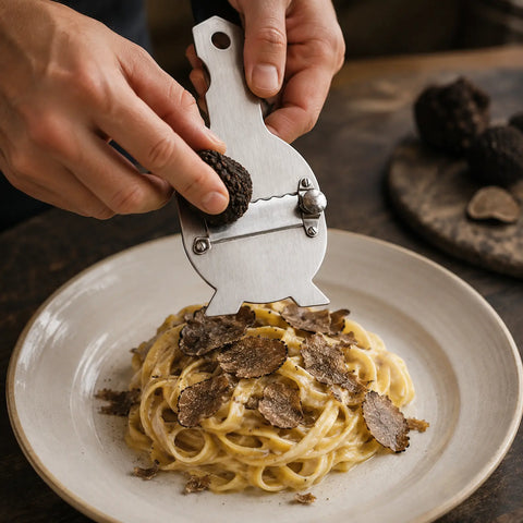 Verstellbarer Trüffelhobel aus Edelstahl beim Hobeln dünner frischer Trüffelscheiben über warmer Pasta