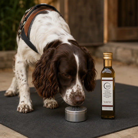 Truffle dog investigating a concealed scent container during Black Truffle aroma training