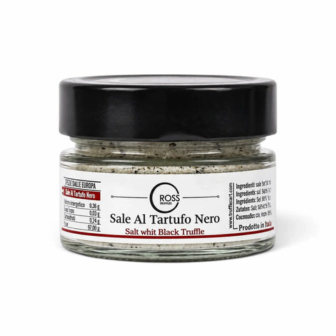 Salz mit schwarzem Trüffel und 2 % Tuber melanosporum in einem 120-g-Glas