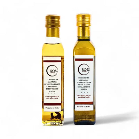 Two bottles of Black and White Truffle Olive Oil with white truffle aroma