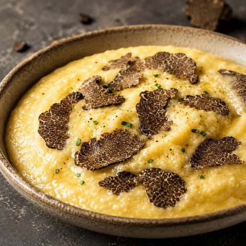 Rehydrated Tuber brumale black winter truffle slices incorporated into creamy polenta