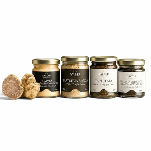 Gourmet-Trio-Geschenkset mit Tartufata, Alfredo-Sauce mit weißem Trüffel und Olivenöl mit weißem Trüffelaroma