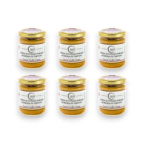 Porcini mushroom and white truffle cream jars with gold lids and labels on white background