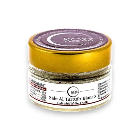 White truffle salt jar with gold lid and label from Ross Brand for gourmet seasoning