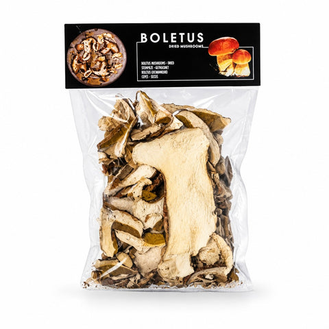 Terra Ross getrocknete wilde Steinpilze in einer durchsichtigen Plastiktüte mit schwarzem Etikett und Boletus-Logo
