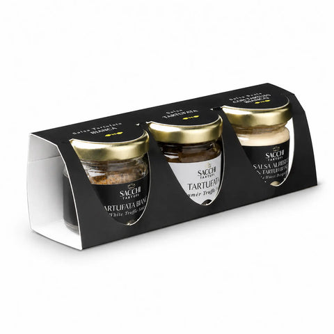 Trilogy-Geschenkbox mit Weißer Tartufata, Schwarzer Tartufata und Alfredo-Sauce mit weißem Trüffel in drei 30-g-Gläsern