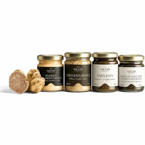 Trilogy-Geschenkbox mit Weißer Tartufata, Schwarzer Tartufata und Alfredo-Sauce mit weißem Trüffel in drei 30-g-Gläsern
