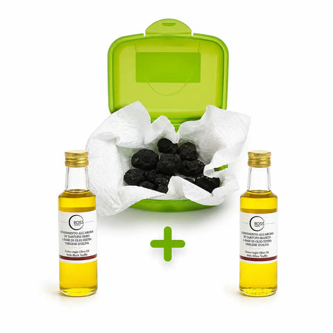 Truffle Dog Training Triple Kit with vacuum-packed fresh black truffle material and white and black truffle-flavoured olive oils