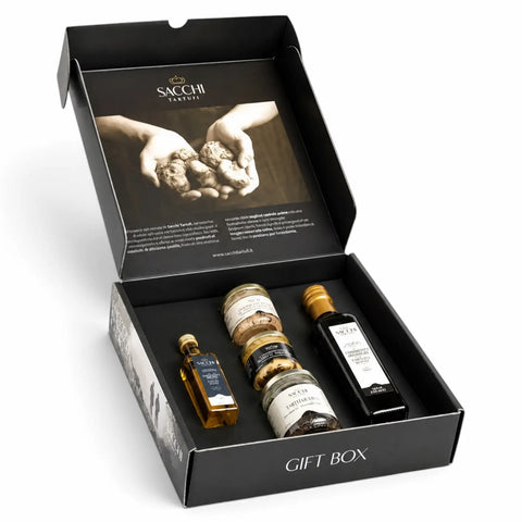 Vanity-Trüffel-Geschenkbox mit fünf italienischen Produkten mit weißem und schwarzem Trüffelaroma