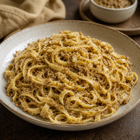 Weiße Tartufata-Sauce mit Tuber borchii in warmer Pasta