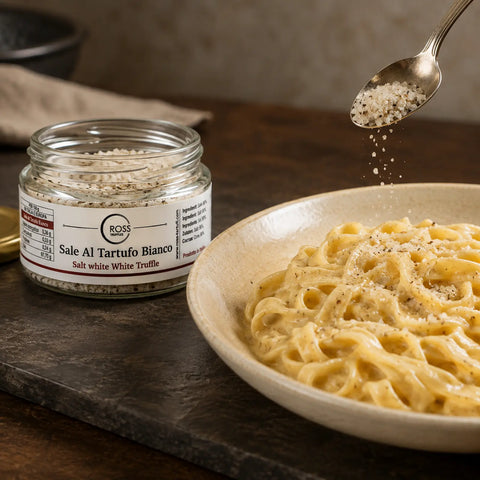Salz mit weißem Trüffel wird vor dem Servieren über warme cremige Tagliatelle gestreut